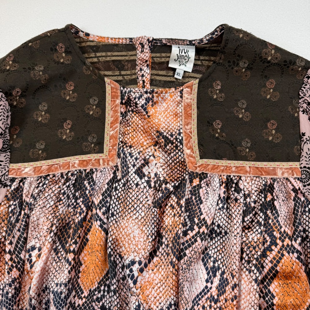Ivy Jane Womens Mixed Media Snakeskin Floral Blouse XL Pink Brown Boho 630175 - Picture 4 of 9